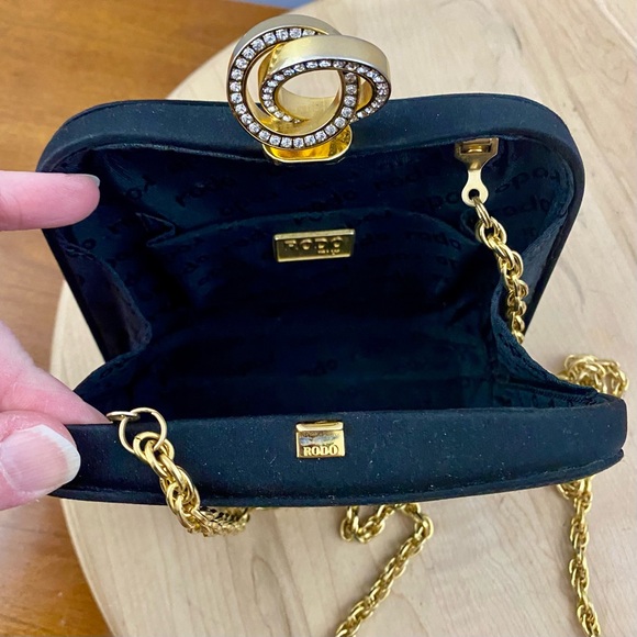 RODO VTG Rhinestones Black Satin Hard Case Evening Purse Handbag Clutch RARE* - Picture 2 of 13